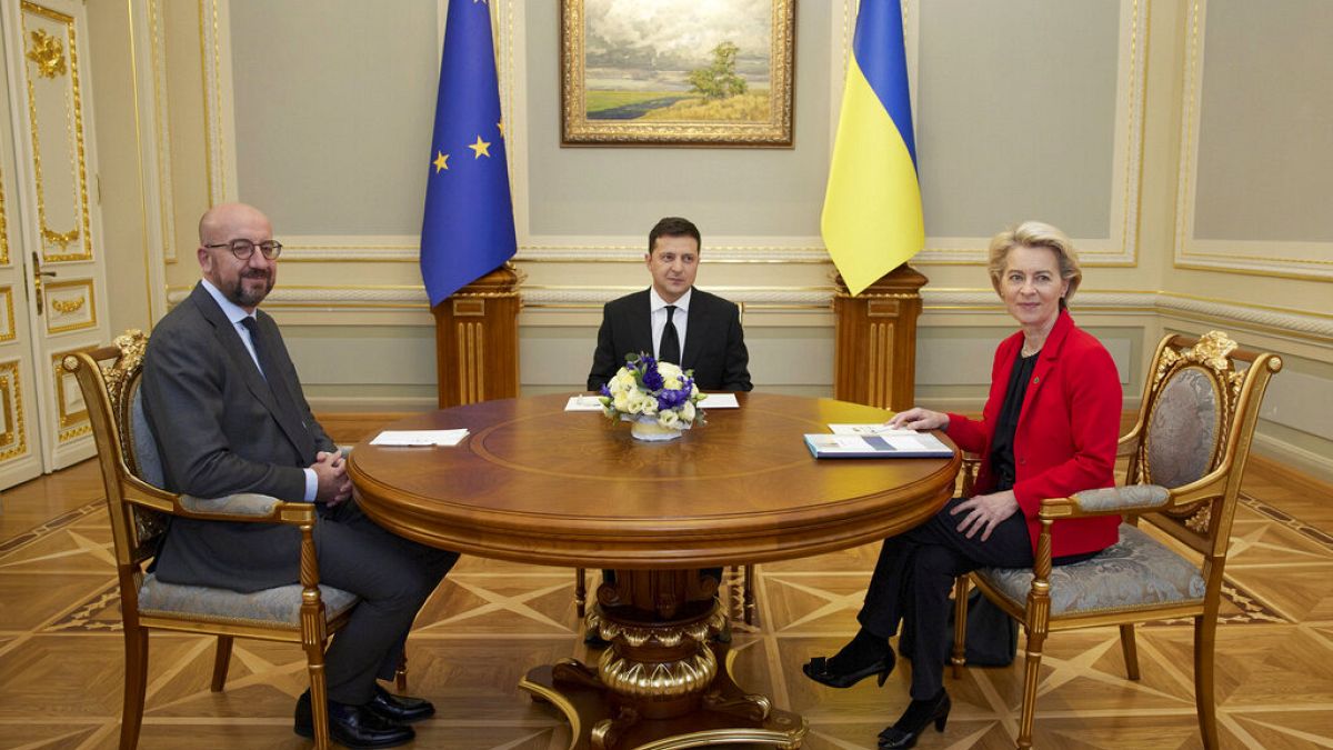 Ukrainian President Volodymyr Zelenskyy, center, European Commission President Ursula von der Leyen, right, and European Council President Charles Michel