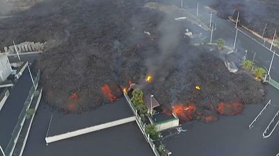 Aerial shot lava and smoke at the industrial park Callejón de la Gata