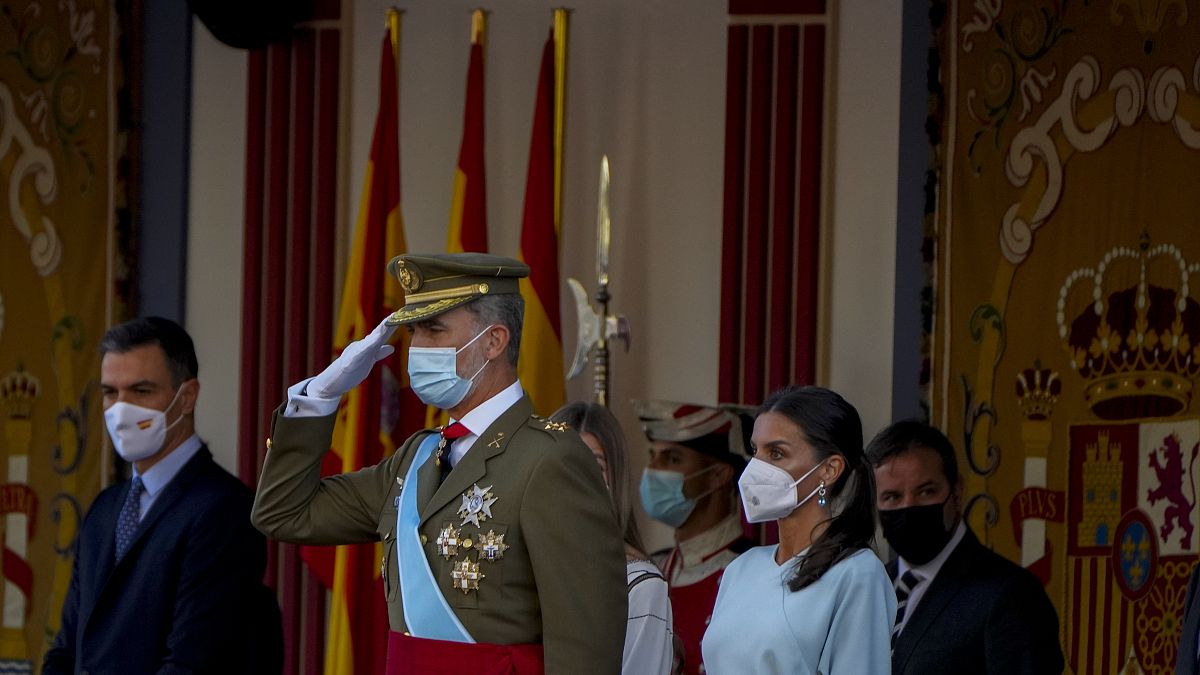 Spain's King Felipe salutes next to Queen Letizia and Prime Minister Pedro Sanchez.