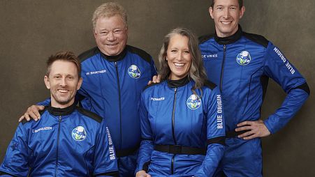 This undated photo made available by Blue Origin in October 2021 shows, from left, Chris Boshuizen, William Shatner, Audrey Powers and Glen de Vries.