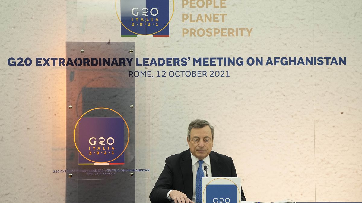 Italian Premier Mario Draghi during a press conference at the end of a virtual summit of the Group of 20 dedicated to Afghanistan in Rome, Tuesday, Oct. 12, 2021.