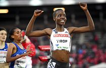 Agnes Tirop après sa victoire sur 1 500 mètres lors d'un meeting à Stockholm le 29/05/2019