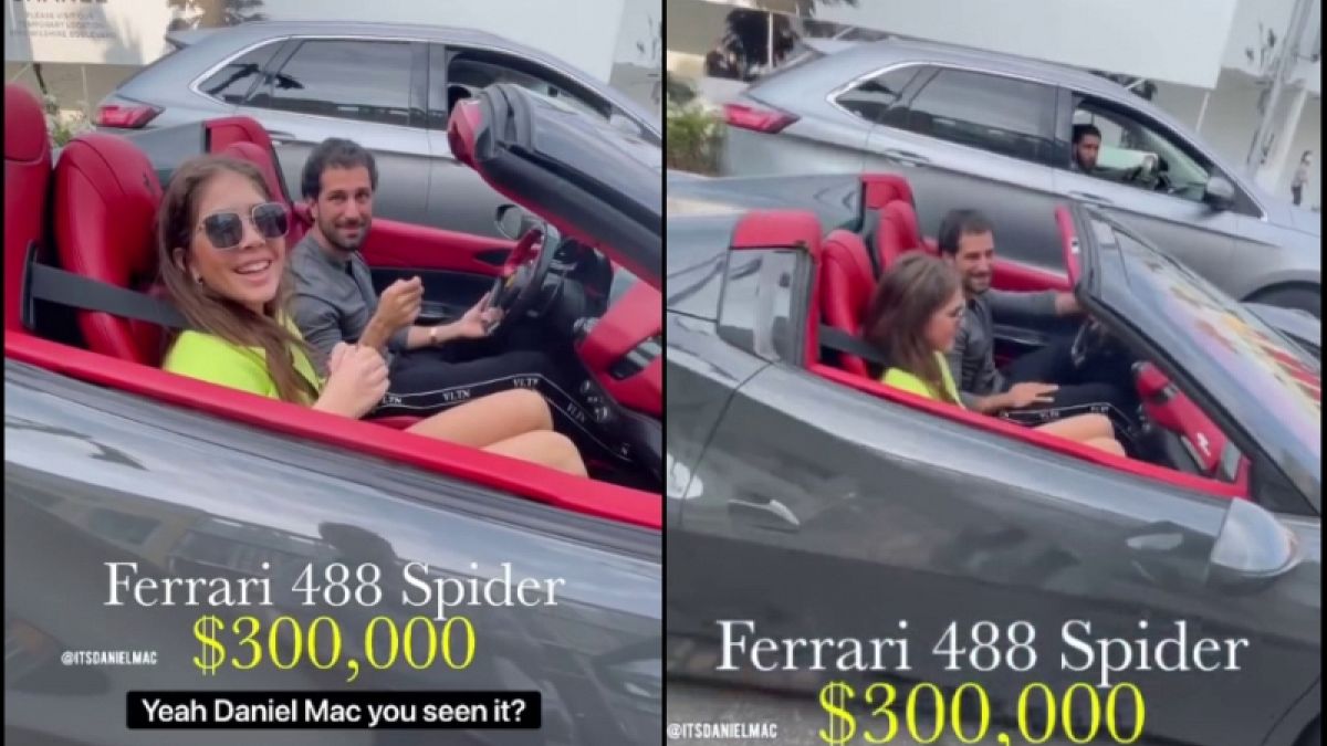 علي مخلوف برفقة عارضة أزياء، وهو يقود سيارة فيراري بقيمة 300 ألف دولارا في أحد شوارع بيفرلي هيلز في لوس أنجلوس