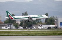 In this photo taken on Sunday, May 5, 2019, an Alitalia plane takes off from Sofia airport, Bulgaria.