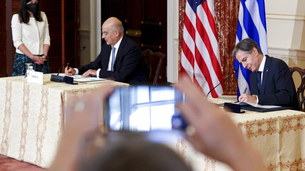 Secretary of State Antony Blinken and Greece's Foreign Minister Nikos Dendias sign the renewal of the U.S.-Greece Mutual Defense Cooperation Agreement at the State Department 