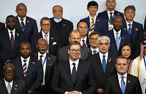 Serbia's President Aleksandar Vucic, center in first row, poses as part of a group photo with participants of the Non-Aligned Movement countries summit in Belgrade, Serbia.