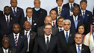Serbia's President Aleksandar Vucic, center in first row, poses as part of a group photo with participants of the Non-Aligned Movement countries summit in Belgrade, Serbia.