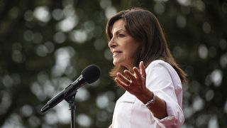 Mayor of Paris Anne Hidalgo speaks to the audience at the Global Citizen Live concert in Paris Saturday, Sept. 25, 2021.