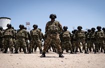  جنود تابعون للقوات المسلحة في موزمبيق، مقاطعة كابو ديلجادو ، موزمبيق ،  مدينة بيمبا، مقاطعة مكابو ديلغادو، موزمبيق. في 24 سبتمبر 2021