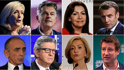 Top (l-r): Marine Le Pen, Fabien Roussel, Anne Hidalgo & Emmanuel Macron; Bottom: Eric Zemmour, Jean-Luc Mélenchon, Valérie Pécresse & Yannick Jadot