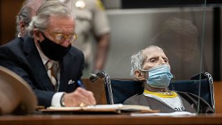 Robert Durst, seated with attorney Dick DeGuerin, is sentenced to life without possibility of parole for the killing of Susan Berman Thursday, Oct. 14, 2021.
