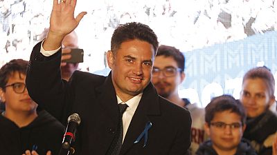 Conservative independent candidate Peter Marki-Zay celebrates in Budapest, Hungary, Sunday, Oct. 17, 2021, after he won an opposition primary race.