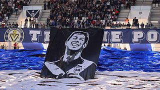 A banner depicting Argentine footballer Emiliano Sala during a French L1 match at his formative club Bordeaux, Matmut Stadium, Bordeaux, February 17, 2019.
