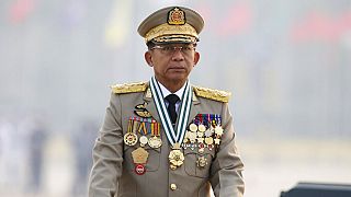 In this Saturday, March 27, 2021 file photo, Commander-in-Chief Senior Gen. Min Aung Hlaing presides over an army parade on Armed Forces Day in Naypyitaw, Myanmar.