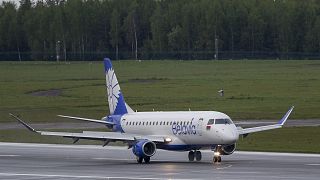 A Belavia plane lands at the International Airport outside Vilnius, Lithuania, Sunday, May 23, 2021. 
