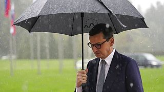 Poland's Prime Minister Mateusz Morawiecki arrives for an EU summit at the Brdo Congress Center in Kranj, Slovenia, Wednesday, Oct. 6, 2021.