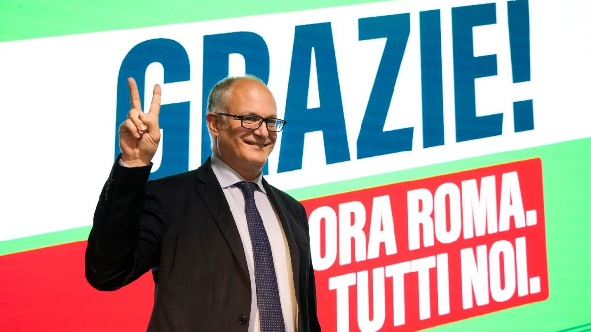 Roberto Gualtieri celebrated at his party's headquarters in Rome.