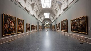 View of an empty gallery at El Prado Museum in Madrid.