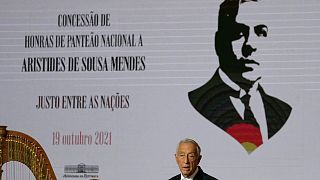 Portuguese President Marcelo Rebelo de Sousa speaks during the ceremony honouring Aristides de Sousa Mendes.
