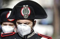 A Carabinieri officer attends the funeral of the Italian ambassador to the Democratic Republic of Congo Luca Attanasio,  in Rome, Thursday, Feb. 25, 2021.