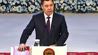 Kyrgyz President Sadyr Japarov takes his oath of office during his inauguration in Bishkek on Thursday, January 28