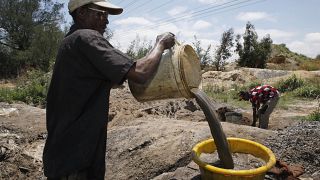 عامل يسكب وعاء  من الماء المليء بالتربة في وعاء بلاستيكي أصفر أثناء تعدين الذهب غير القانوني في رودبورت، جنوب إفريقيا.