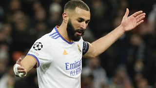 Real Madrid's Karim Benzema during a match against Ukraine's Shakhtar Donetsk at the Olympiyskiy stadium in Kyiv, Ukraine, Oct. 19, 2021. 