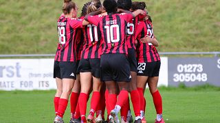 Lewes FC Women celebrate scoring against Charlton Athletic Women