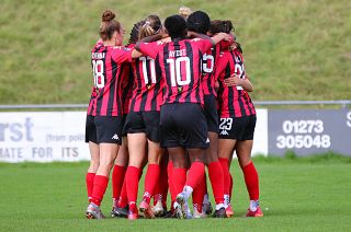 Lewes FC Women celebrate scoring against Charlton Athletic Women