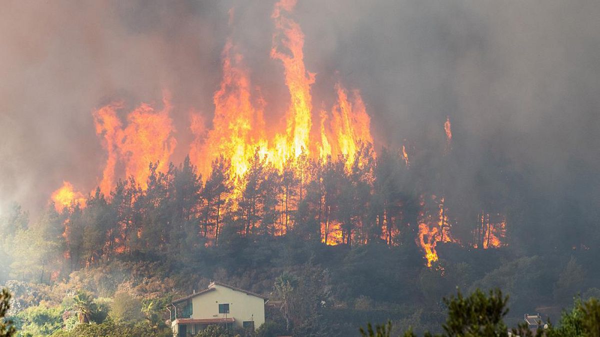 Incendio boschivo nel quartiere Hisaronu della località turistica di Marmaris in Turchia, il 2 agosto 2021