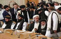 Members of the political delegation from the Afghan Taliban's movement arrive to attend talks in Moscow, Russia, Wednesday, Oct. 20, 2021.