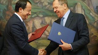 Cyprus Foreign Minister Nikos Christodoulides, left, and Russian Foreign Minister Sergey Lavrov