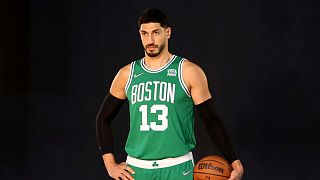 Enes Kanter poses during the Boston Celtics Media Day.