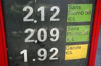 The per-liter prices for gasoline and diesel fuel are displayed in front of a filling station in Paris, France, Thursday, Oct. 21, 2021
