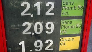 The per-liter prices for gasoline and diesel fuel are displayed in front of a filling station in Paris, France, Thursday, Oct. 21, 2021