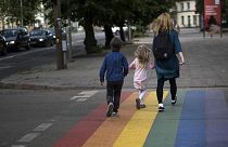 خط عبور المشاه بألوان قوس قزح التي ترمز إلى المثلية الجنسية في شارع "بيليمو" الرئيسي/فيلنيوس