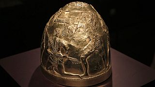 FILE - In this 2014 file photo, a Scythian gold helmet is displayed as part of the exhibit called The Crimea - Gold and Secrets of the Black Sea, at Allard Pierson Museum.