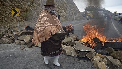 Une manifestante sur un barrage près de Zumbahua (Equateur)