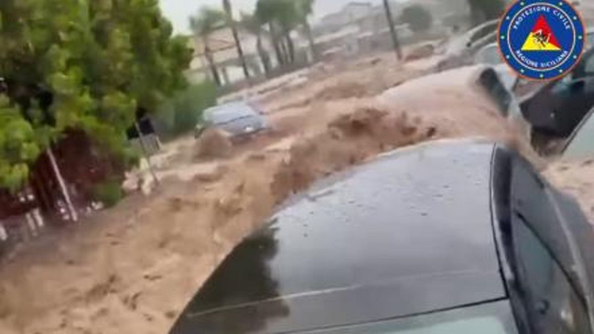 Heavy rain stated pouring down across Sicilian on Oct. 25, 2021 leading to flash floods on parts of the Italian island.