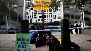 نشطاء للبيئة يجلسون على الرصيف بينما تعلق الآخرون بالجزء الخارجي من مبنى حكومي في لندن. 2021/10/26