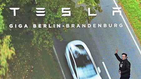 Elon Musk, Tesla CEO, arrives at an open house at the Tesla Gigafactory in Gruenheide, east of Berlin, Saturday Oct. 9, 2021.