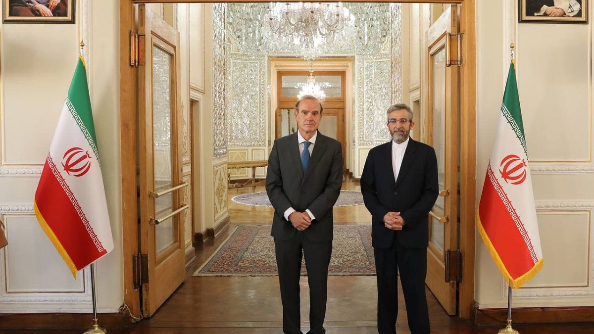 Avrupa Birliği (AB) Dış İlişkiler Servisi Genel Sekreter Yardımcısı ve Siyasi Direktörü Enrique Mora (solda), Tahran'da İran Dışişleri Bakan Yardımcısı Ali Bakıri (sağda)