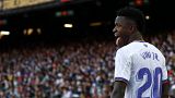 Real Madrid's Vinicius Junior during the Oct. 24, 2021 La Liga match against FC Barcelona at the Camp Nou stadium in Barcelona, Spain.