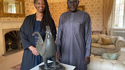 Master of Jesus College Sonita Alleyne and Director-General of the National Commission for Museums and Monuments of Nigeria, Abba Isa Tijani with the "Okukor".