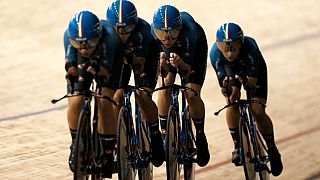 Italy compete in the women's team pursuit race at the UCI Track Cycling World Championship in Roubaix.
