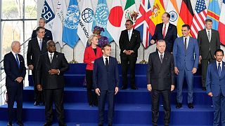 Leaders including US President Joe Biden, EU Commission President Ursula von der Leyen and French President Emmanuel Macron at the G20 summit in Rome, Saturday, Oct. 30, 2021.