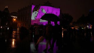 The Casa de América is illuminated with a projected artwork called 'Being alive was about moving' during the LuzMadrid International Festival of Light in Madrid.