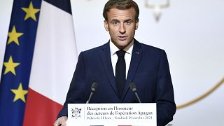 French President Emmanuel Macron delivers a speech at the Elysee Palace in Paris, Oct. 29, 2021.