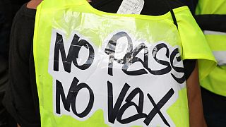 Aşı karşıtı bir protestoda sırtında "aşı ve aşı belgesine hayır" yazan bir gösterici (arşiv)