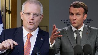 Avustralya Başbakanı Scott Morrison (sol), Fransa Cumhurbaşkanı Emmanuel Macron 
